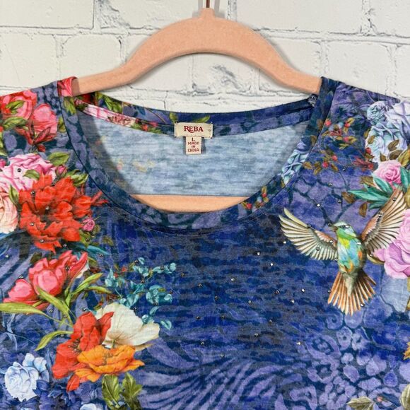 Reba Blouse Women Large Floral Bird Tropical Prairie Stretch All Over Printed - Picture 9 of 14